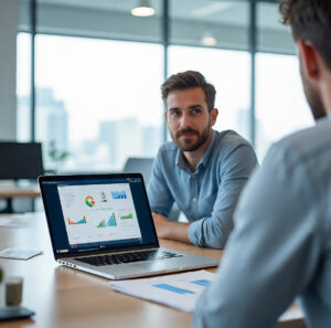 Home business software dashboard being presented to a