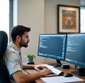 Home website developer coding on dual screens indian