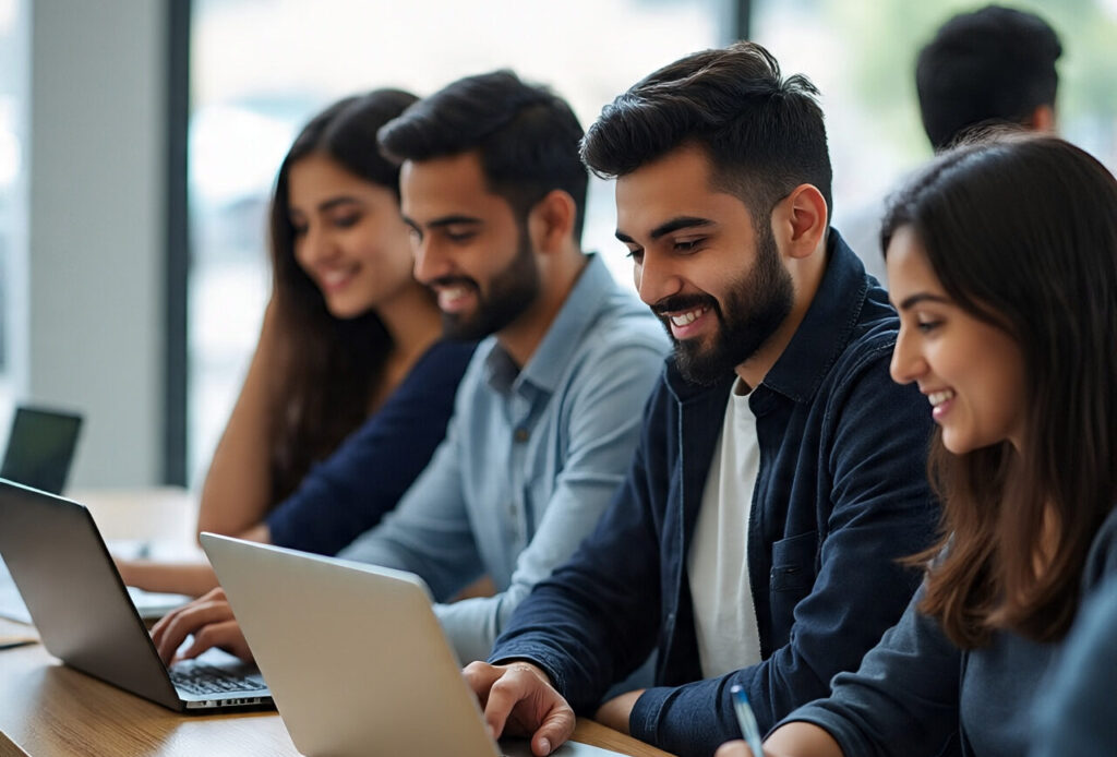 young indian college students studying on laptops